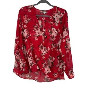 Kut from the Kloth Red Floral Mock Wrap Chiffon Blouse Size Large Long Sleeves